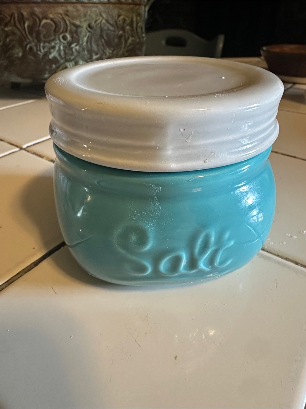 Turquoise Ceramic Salt Jar with White Lid